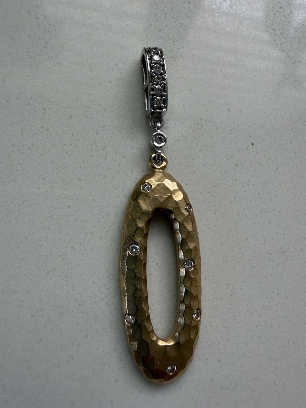 Hammered 14l yellow & white Gold Oval Pendant Necklace with diamonds.15 tw